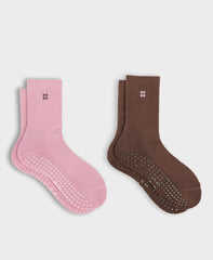 Pilates Crew Grip Socks 2 Pack - Deco Pink Chestnut Brown