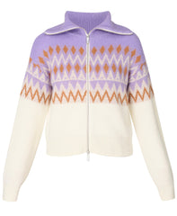 Fair Isle Funnel Neck Zip-Up Sweater - Purple Geo Jacquard