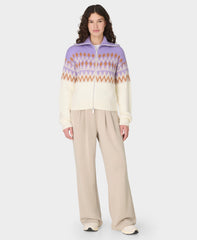 Fair Isle Funnel Neck Zip-Up Sweater - Purple Geo Jacquard
