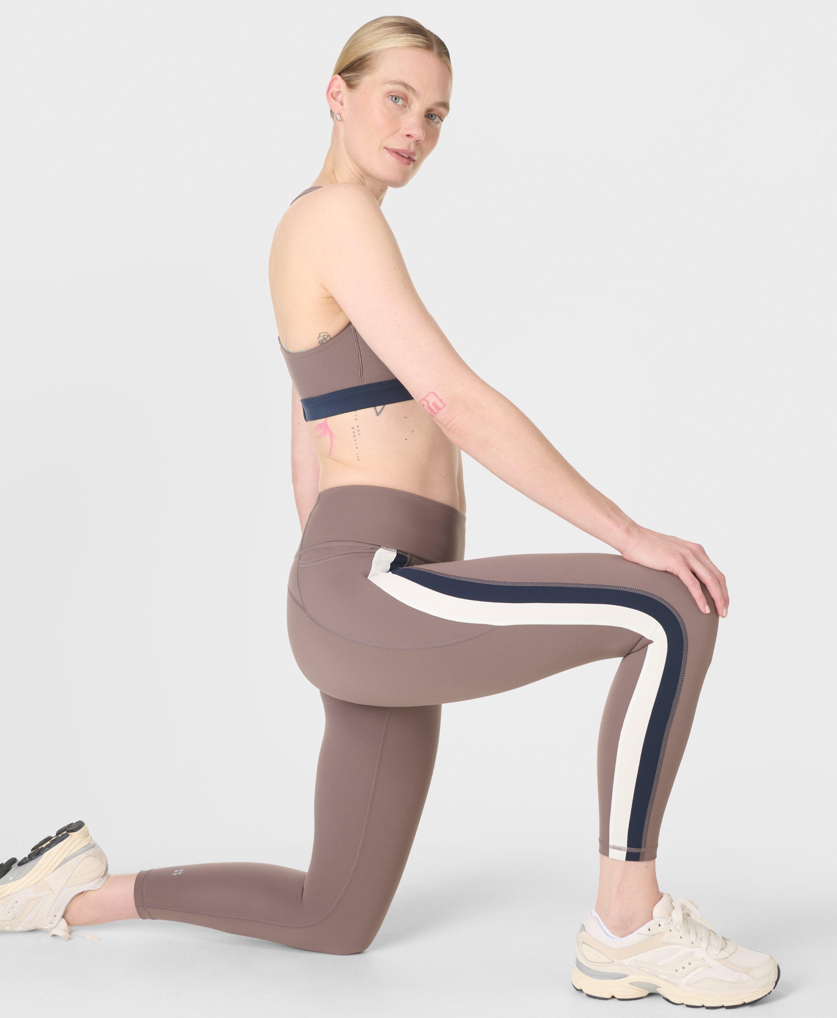 Power 7/8 Trio Stripe Workout Leggings - Taupe Brown Navy Blue Lily White - 7/8 Length