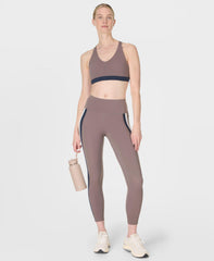 Power 7/8 Trio Stripe Workout Leggings - Taupe Brown Navy Blue Lily White - 7/8 Length