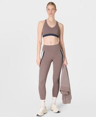 Power Trio Stripe Workout Leggings - Taupe Brown Navy Blue Lily White - Full Length