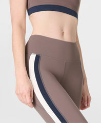 Power Trio Stripe Workout Leggings - Taupe Brown Navy Blue Lily White - Full Length
