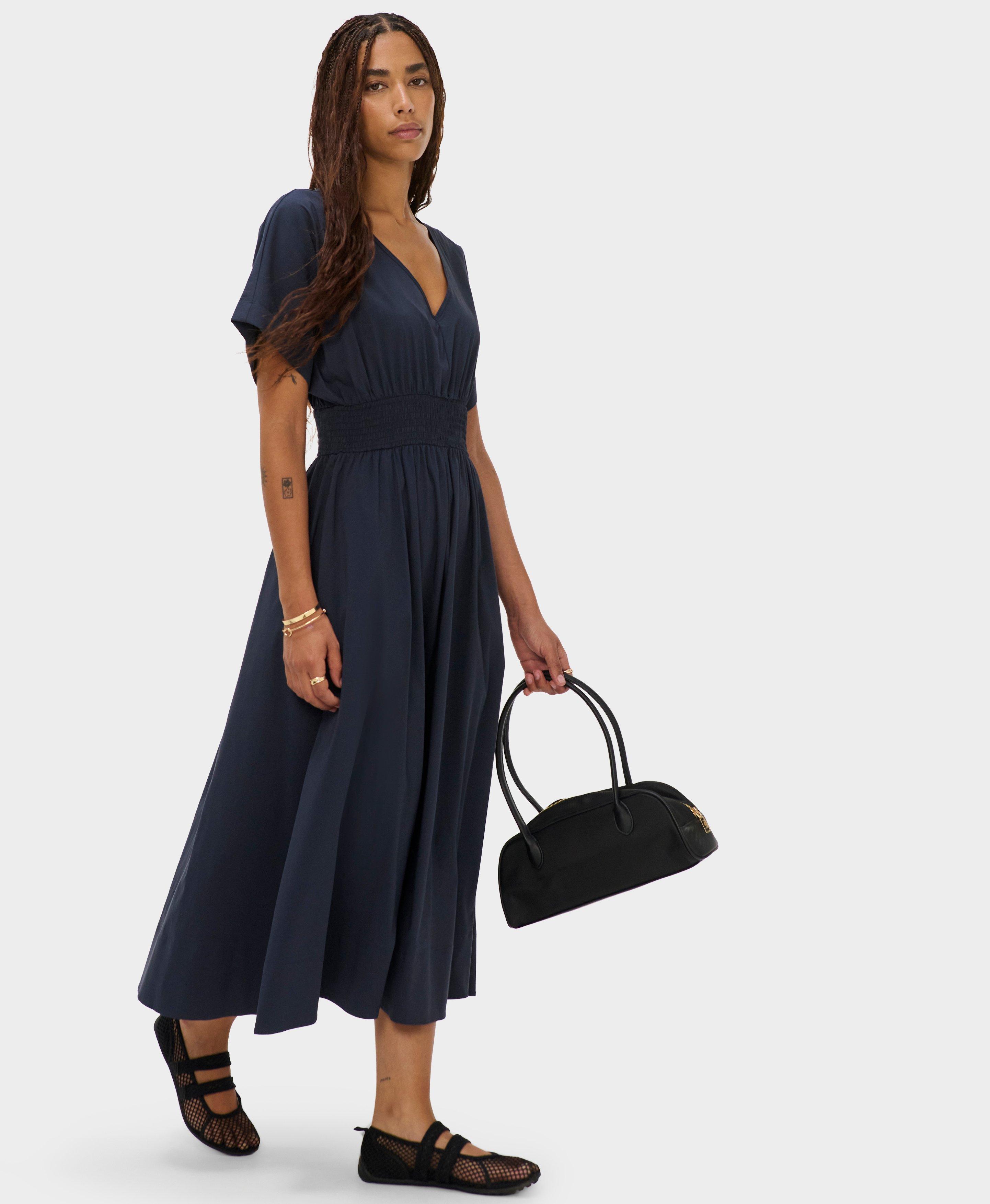 Sloane Cotton V-Neck Midi Dress - French Navy Blue