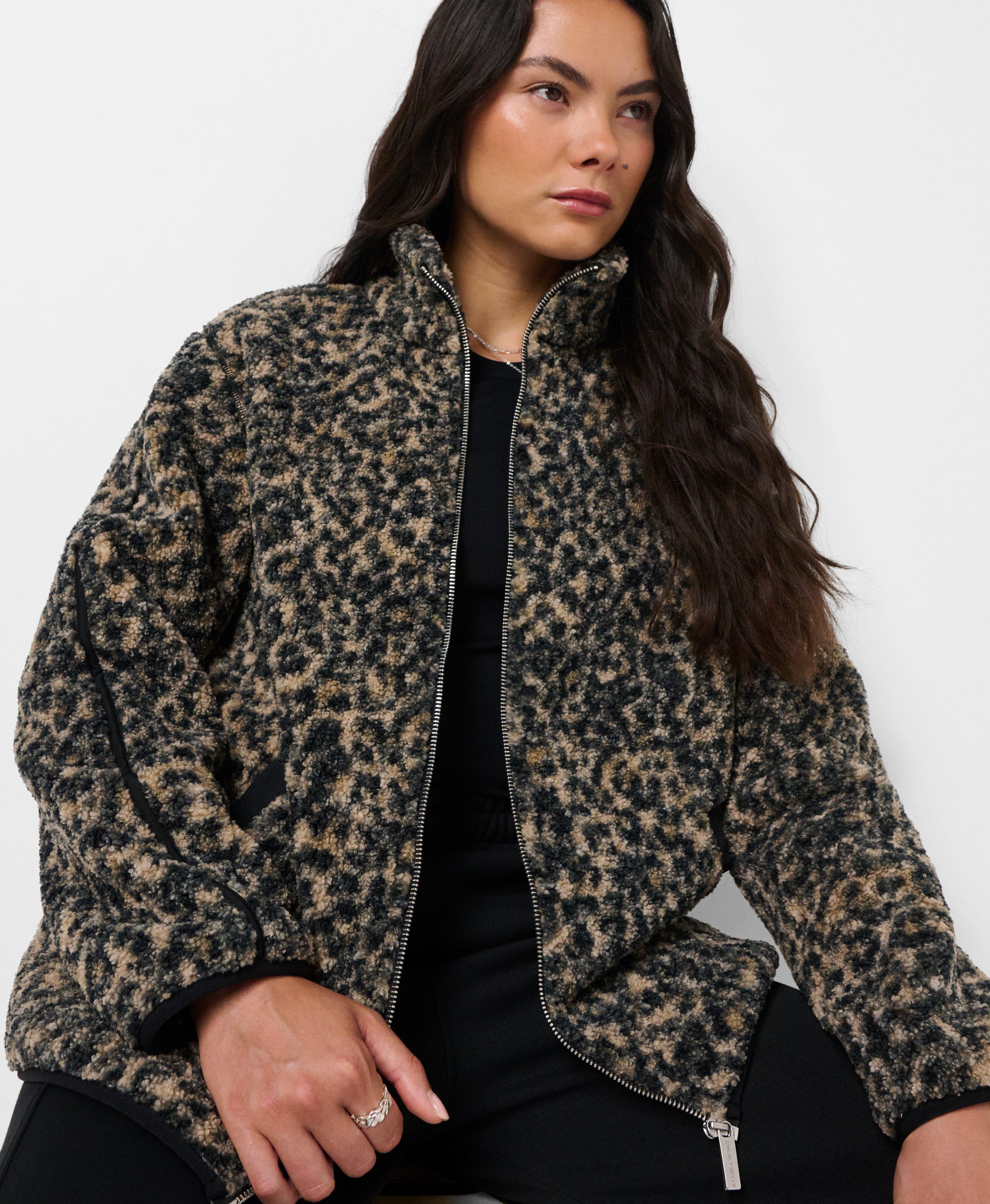 Plush Fleece Contrast Zip-Up - Brown Ink Leopard Print