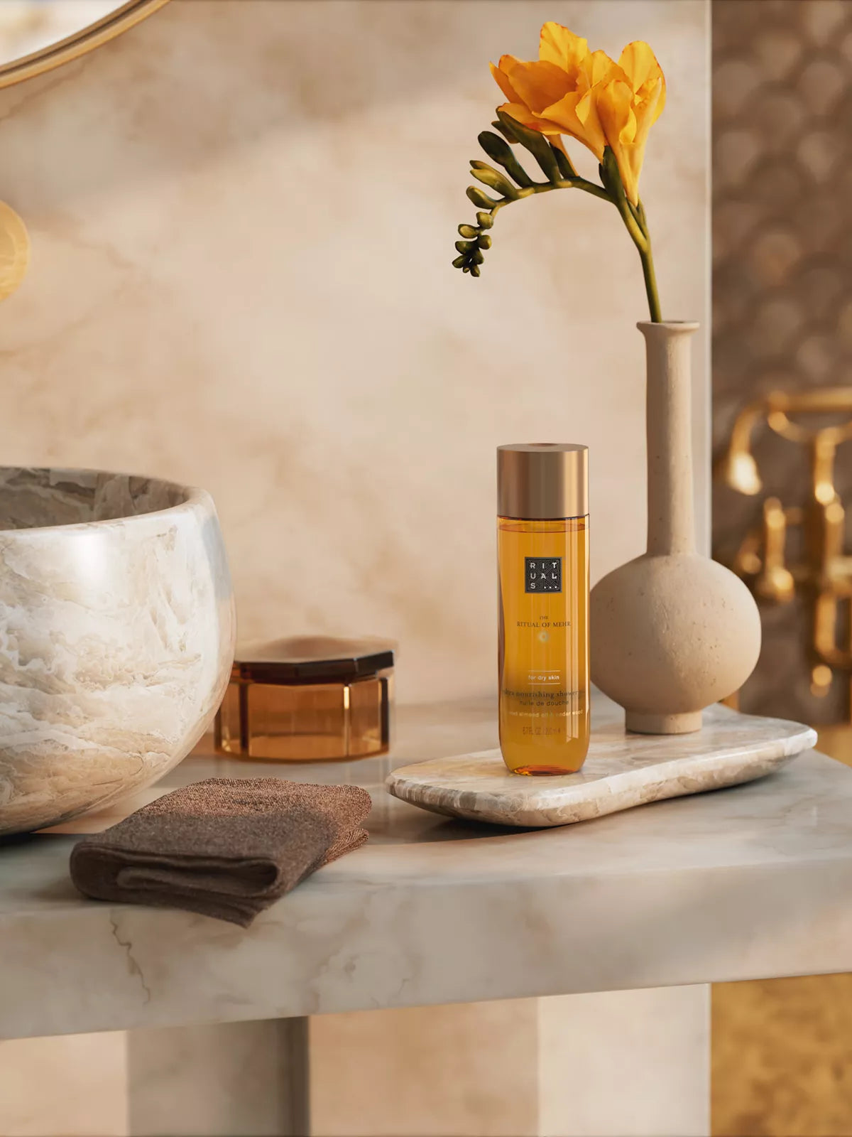 The Ritual of Mehr Shower Oil Lifestyle with Product