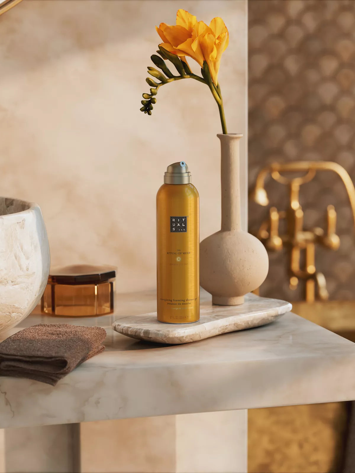 The Ritual of Mehr Foaming Shower Gel Lifestyle with Product
