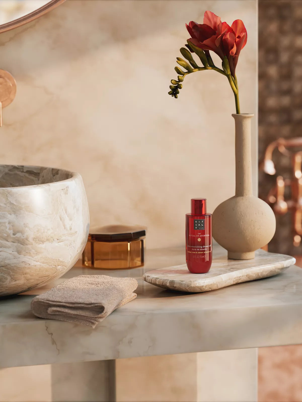 The Ritual of Ayurveda Shower Oil 75ml Lifestyle with Product