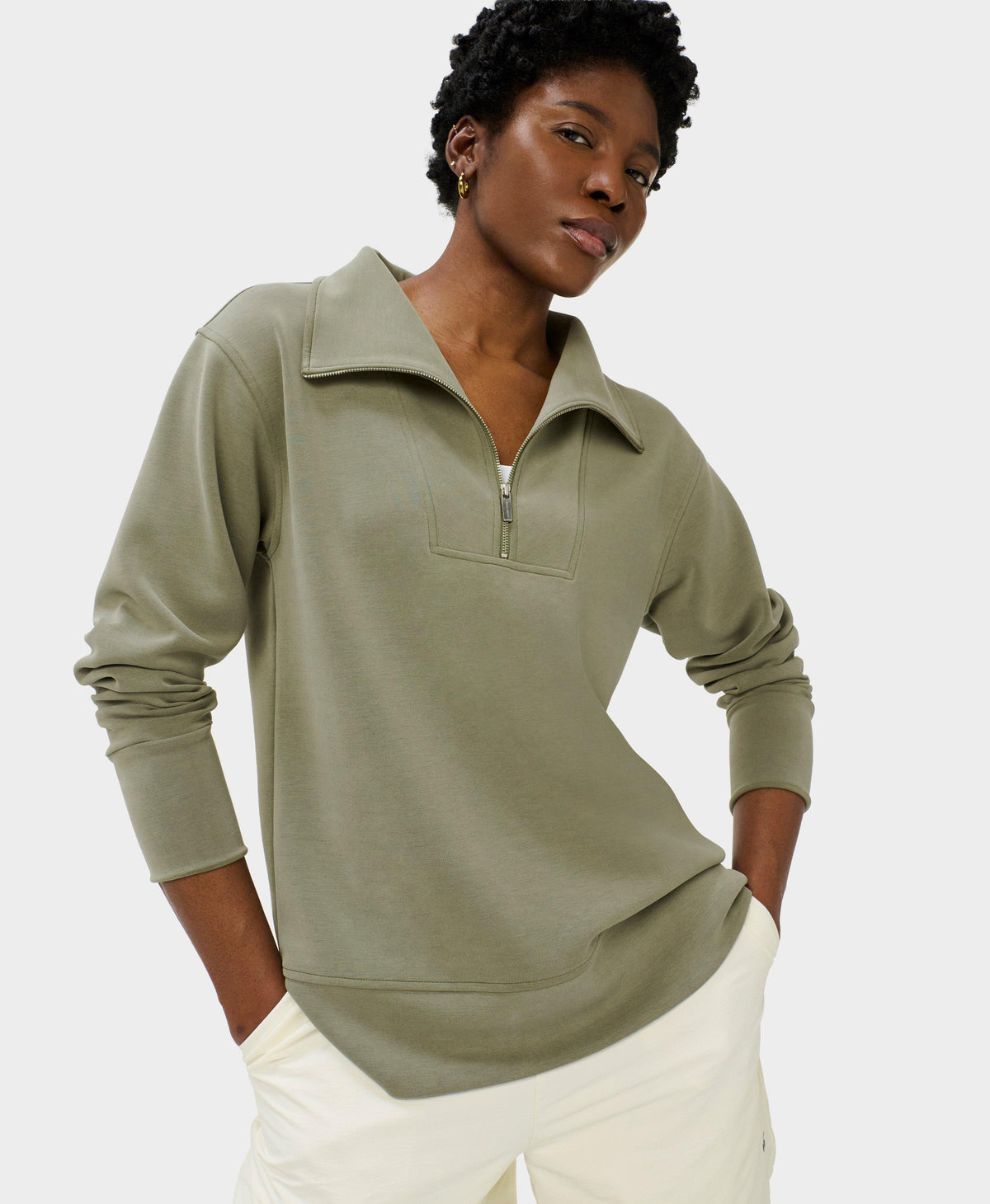 Sand Wash Half Zip Longline Sweatshirt - Bracken Green