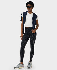 Power 7/8 Piping Workout Leggings - Black Midnight Dash Print - Full Length