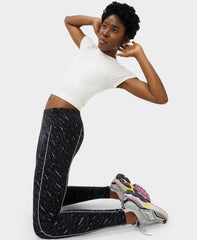 Power 7/8 Piping Workout Leggings - Black Midnight Dash Print - Full Length