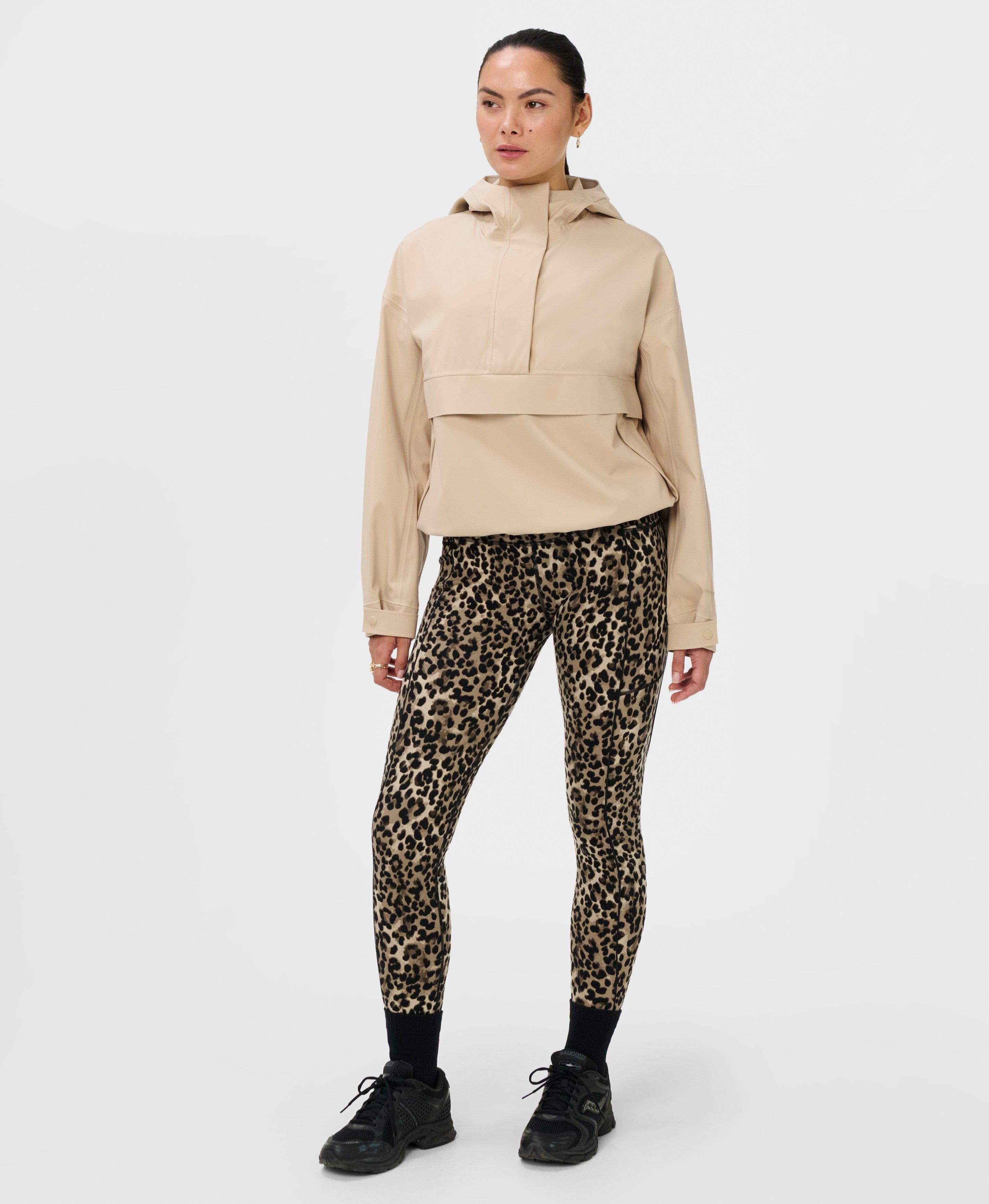 Power 7/8 Piping Workout Leggings - Brown Ink Leopard Print - Full Length