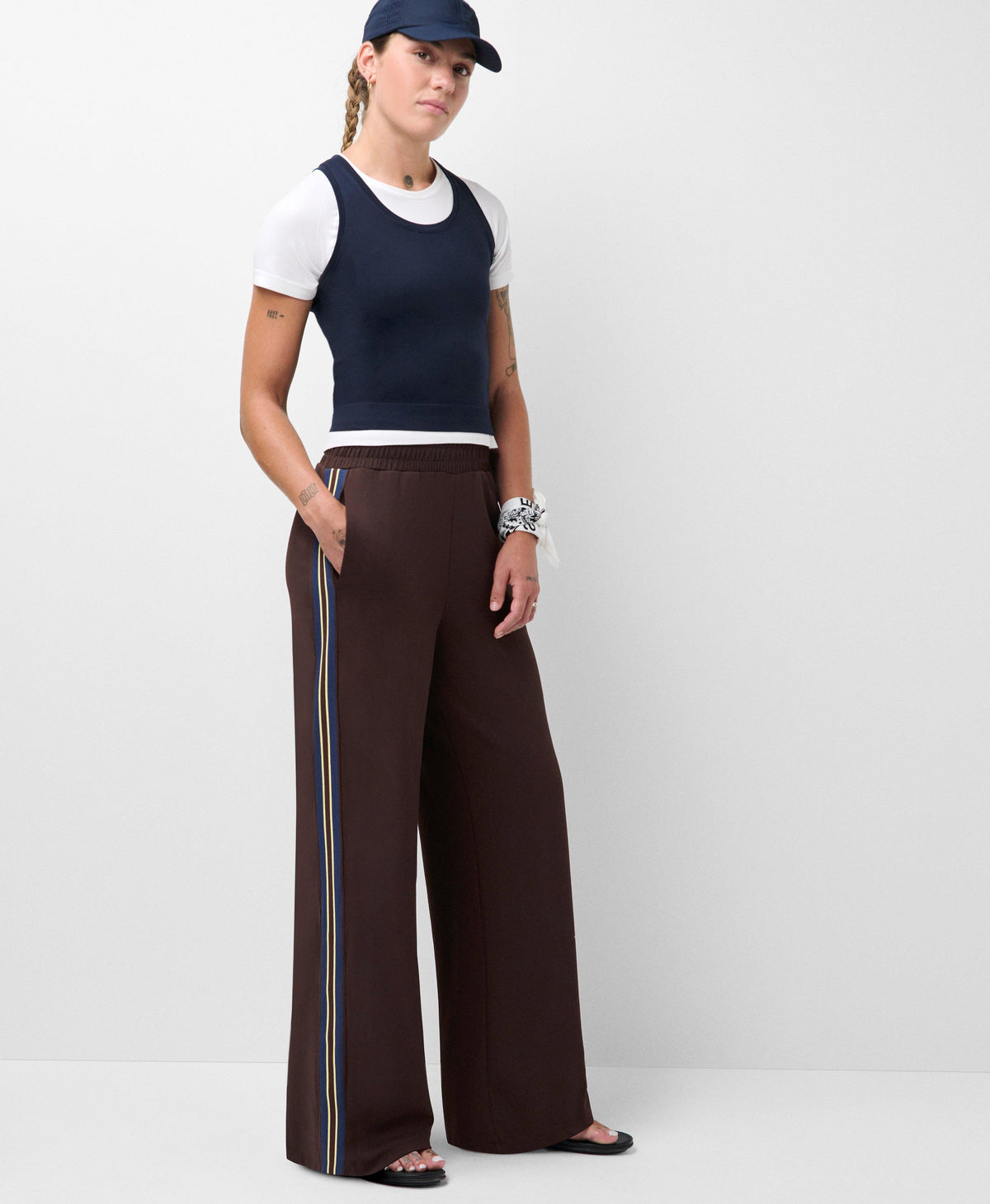 Lightweight Linear Striped Wide Leg Pants - Sable Brown