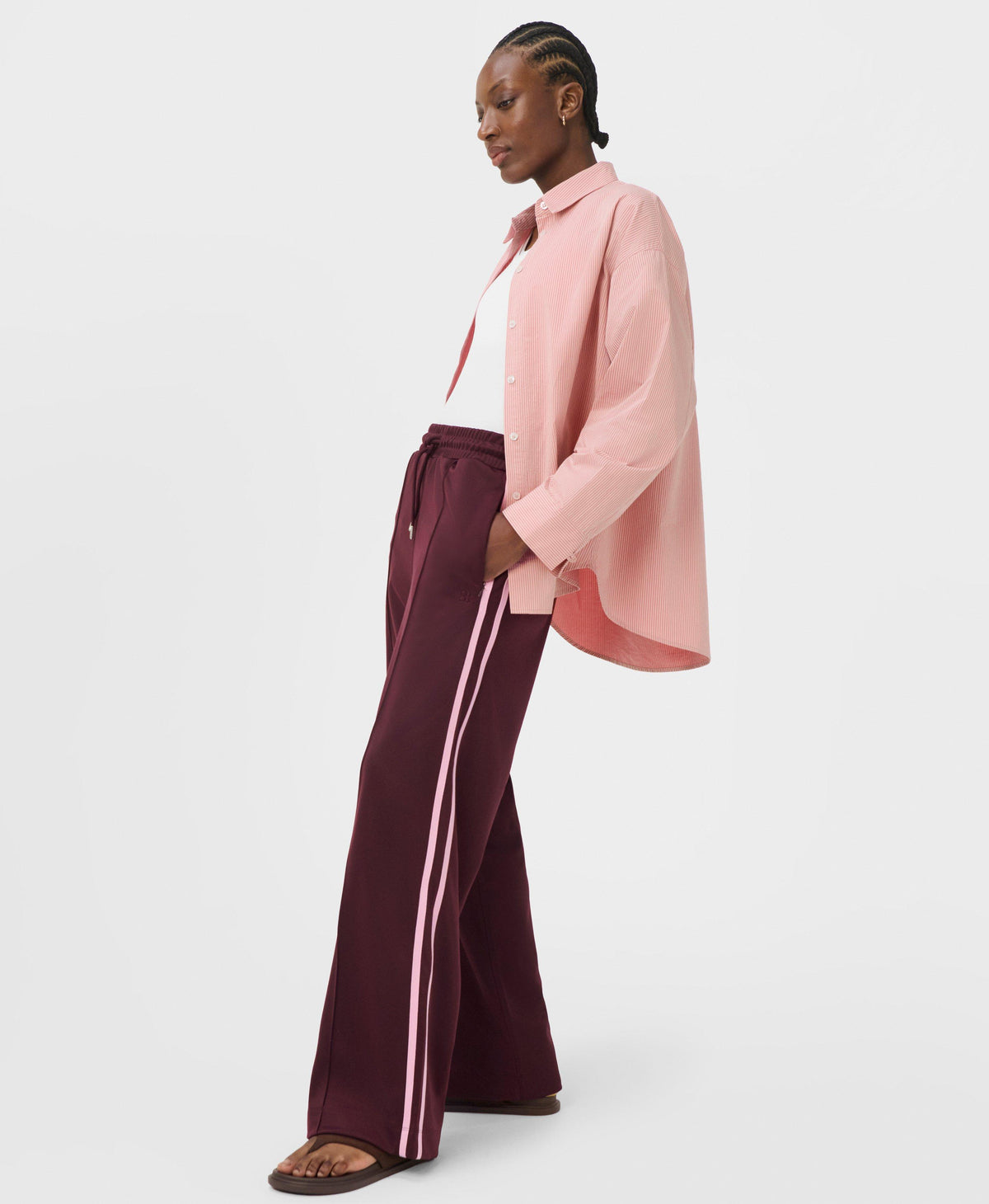 Revival Pintuck Side Stripe Wide Leg Pants - Merlot Red
