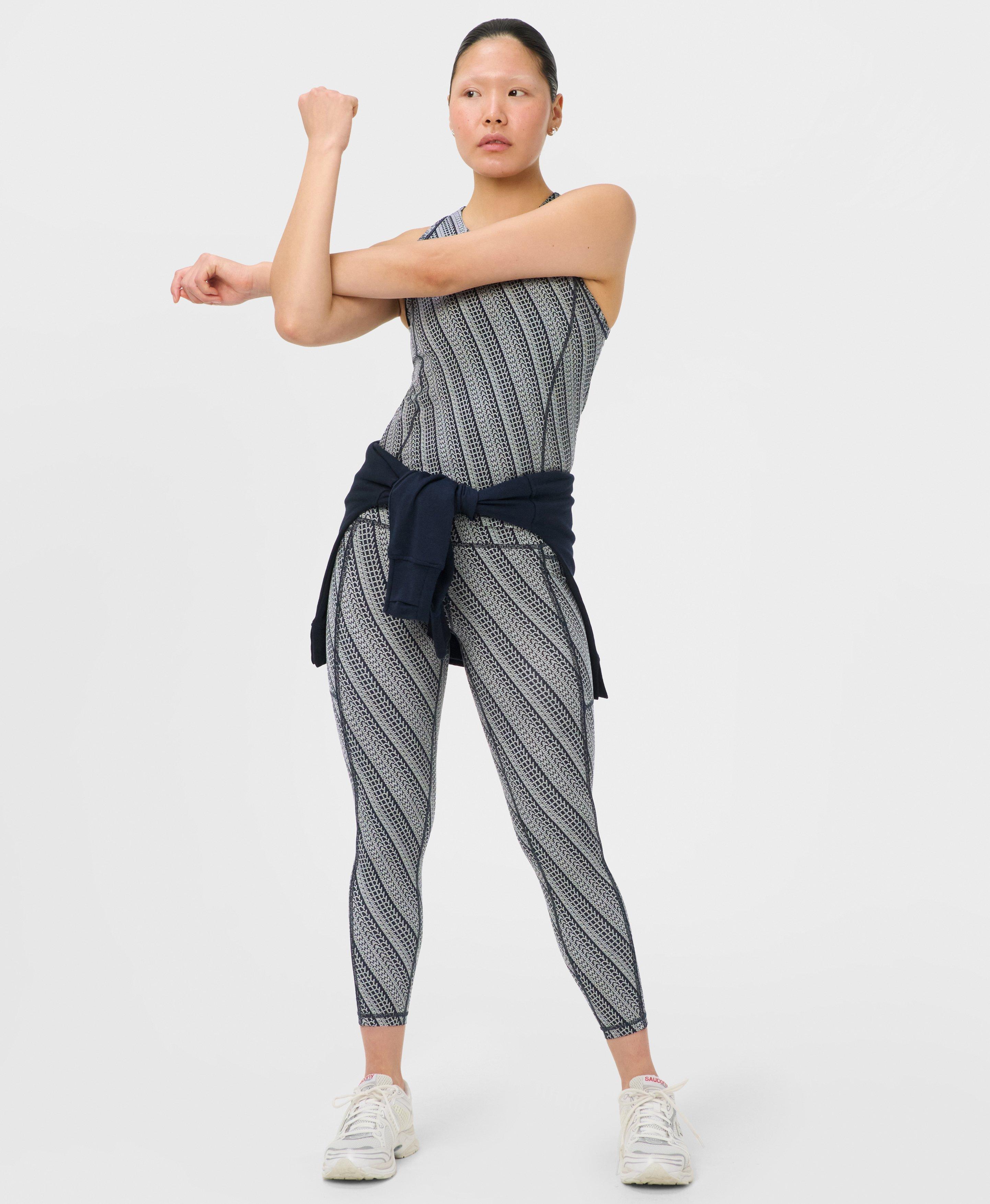 Power 7/8 Piping Workout Leggings - Blue Tilted Wordmark Print - 7/8 Length
