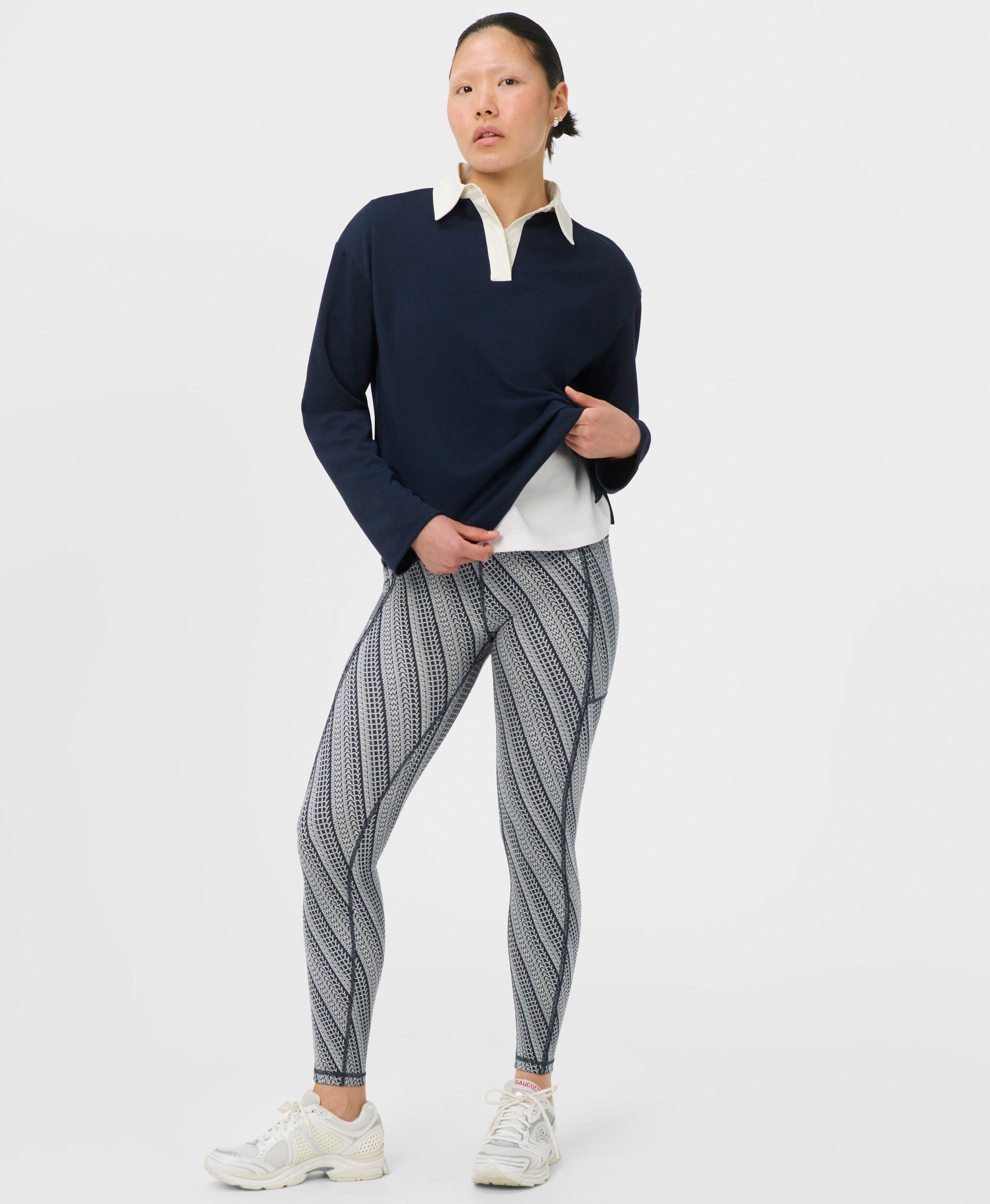 Power Piping Workout Leggings - Blue Tilted Wordmark Print - Full Length