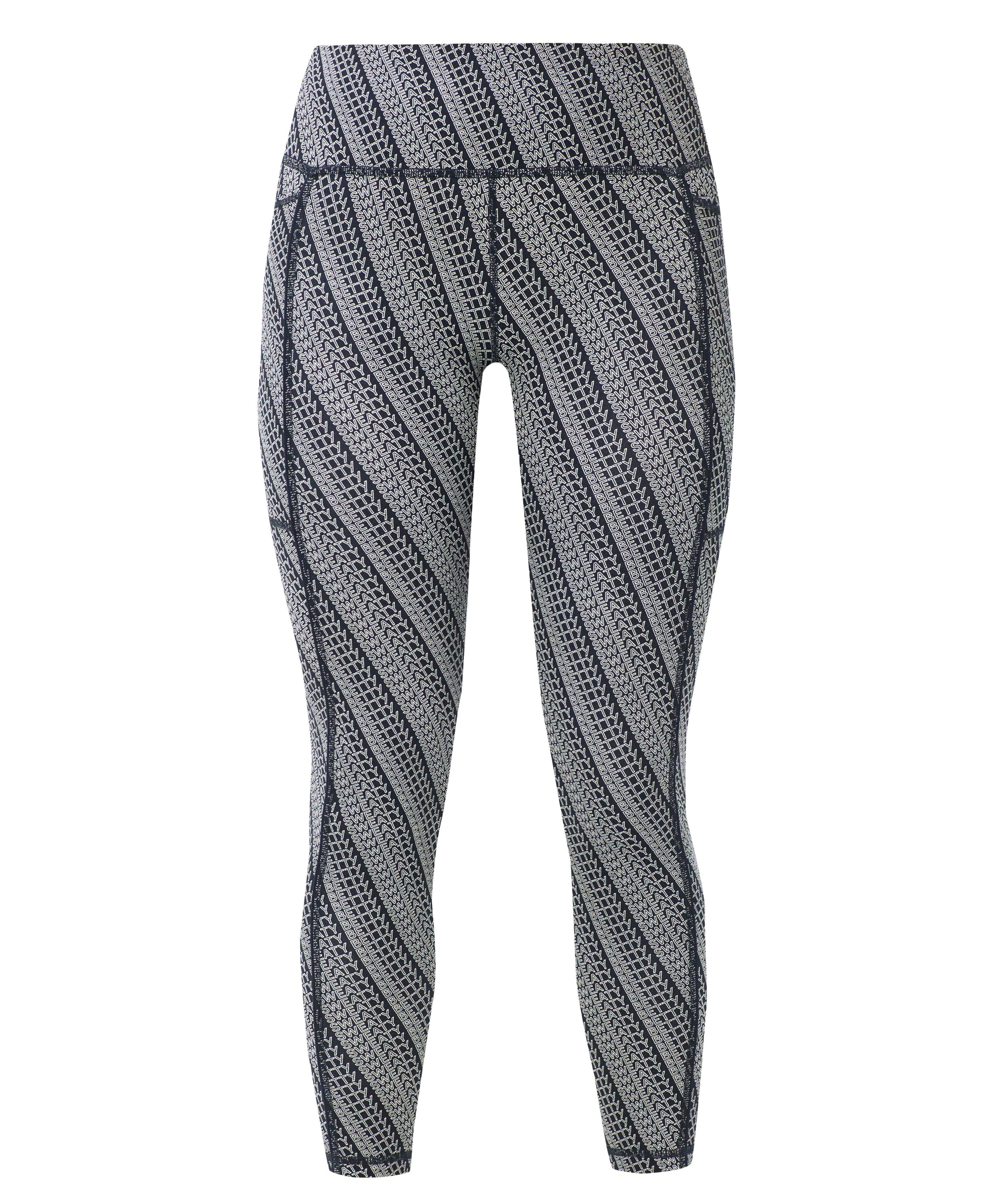 Power Piping Workout Leggings - Blue Tilted Wordmark Print - Full Length