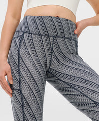 Power Piping Workout Leggings - Blue Tilted Wordmark Print - Full Length