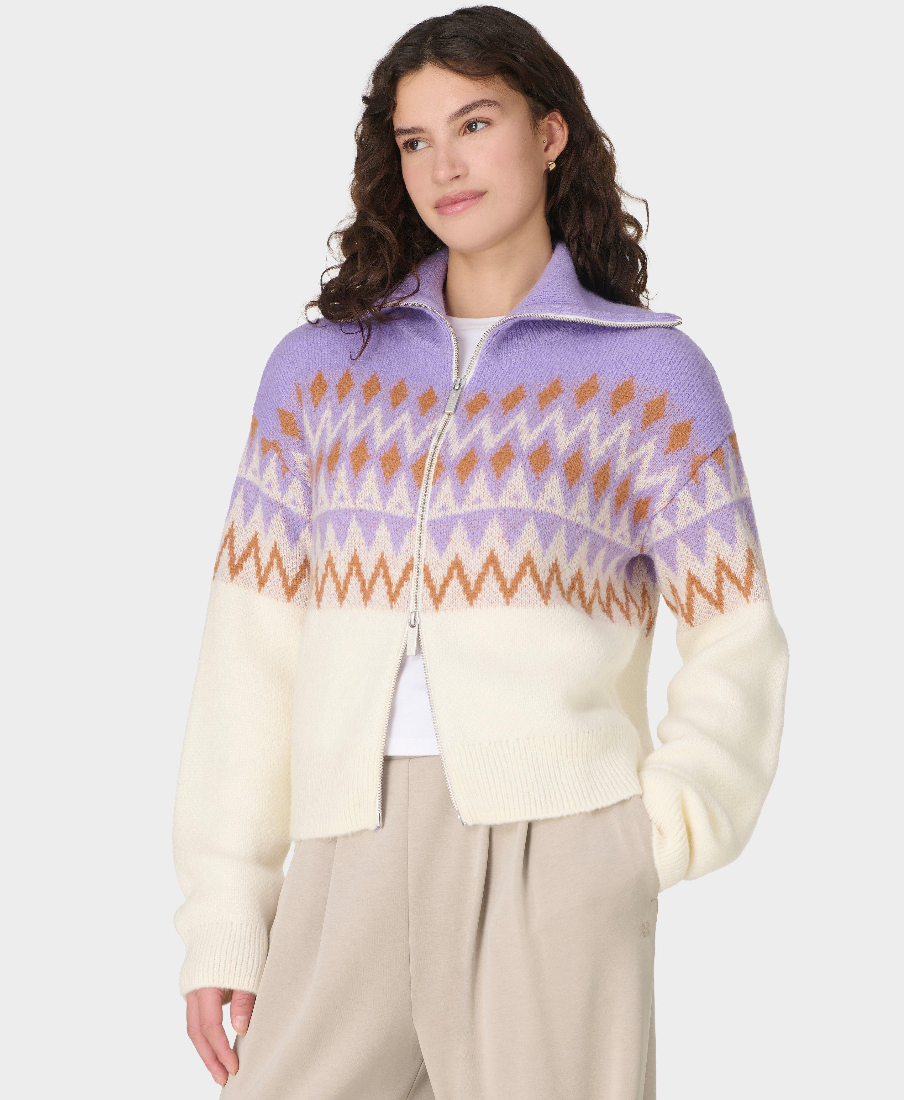 Fair Isle Funnel Neck Zip-Up Sweater - Purple Geo Jacquard