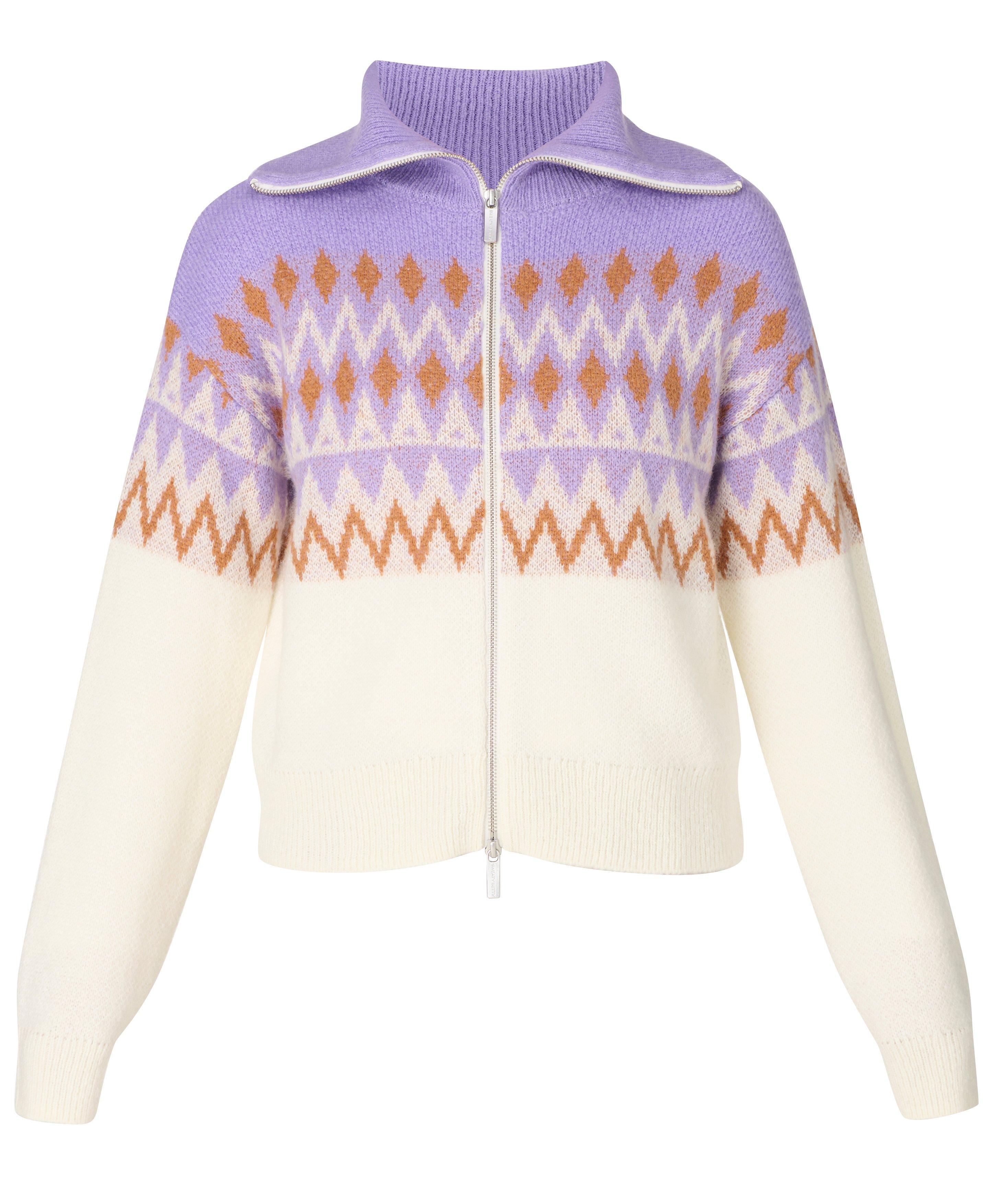 Fair Isle Funnel Neck Zip-Up Sweater - Purple Geo Jacquard