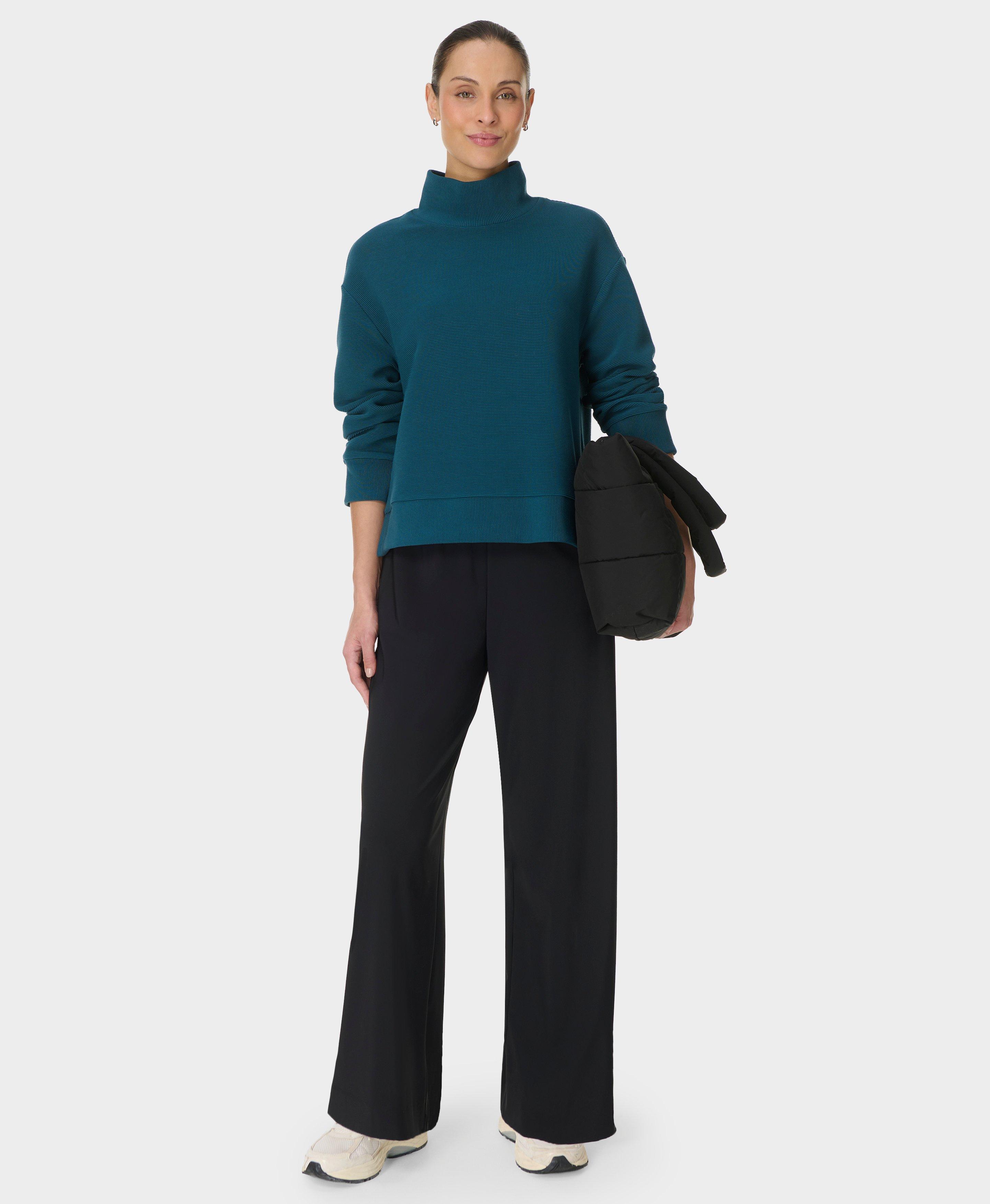 Peaceful Ribbed Funnel Neck Sweatshirt - Deep Green