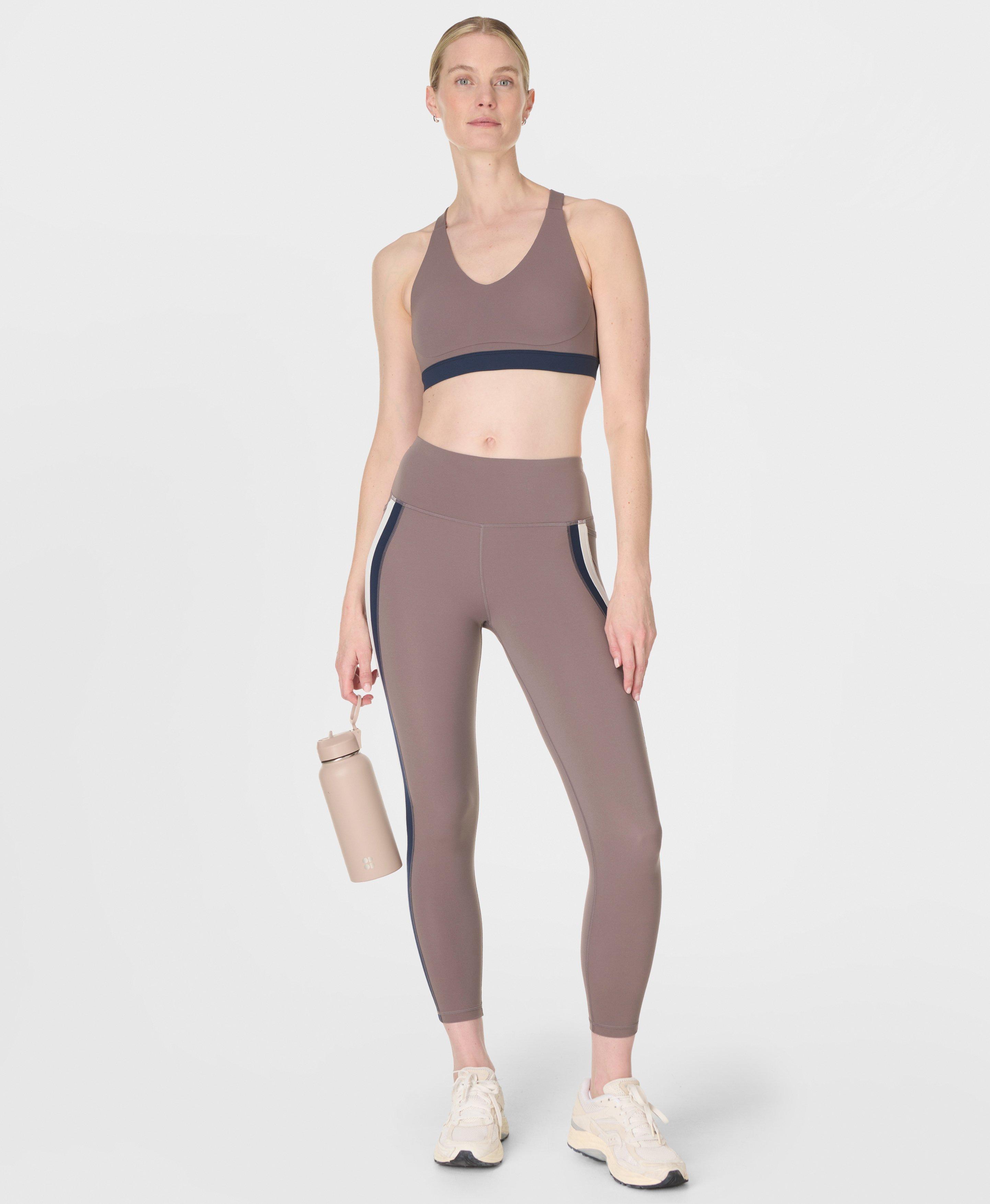 Power 7/8 Trio Stripe Workout Leggings - Taupe Brown Navy Blue Lily White - 7/8 Length