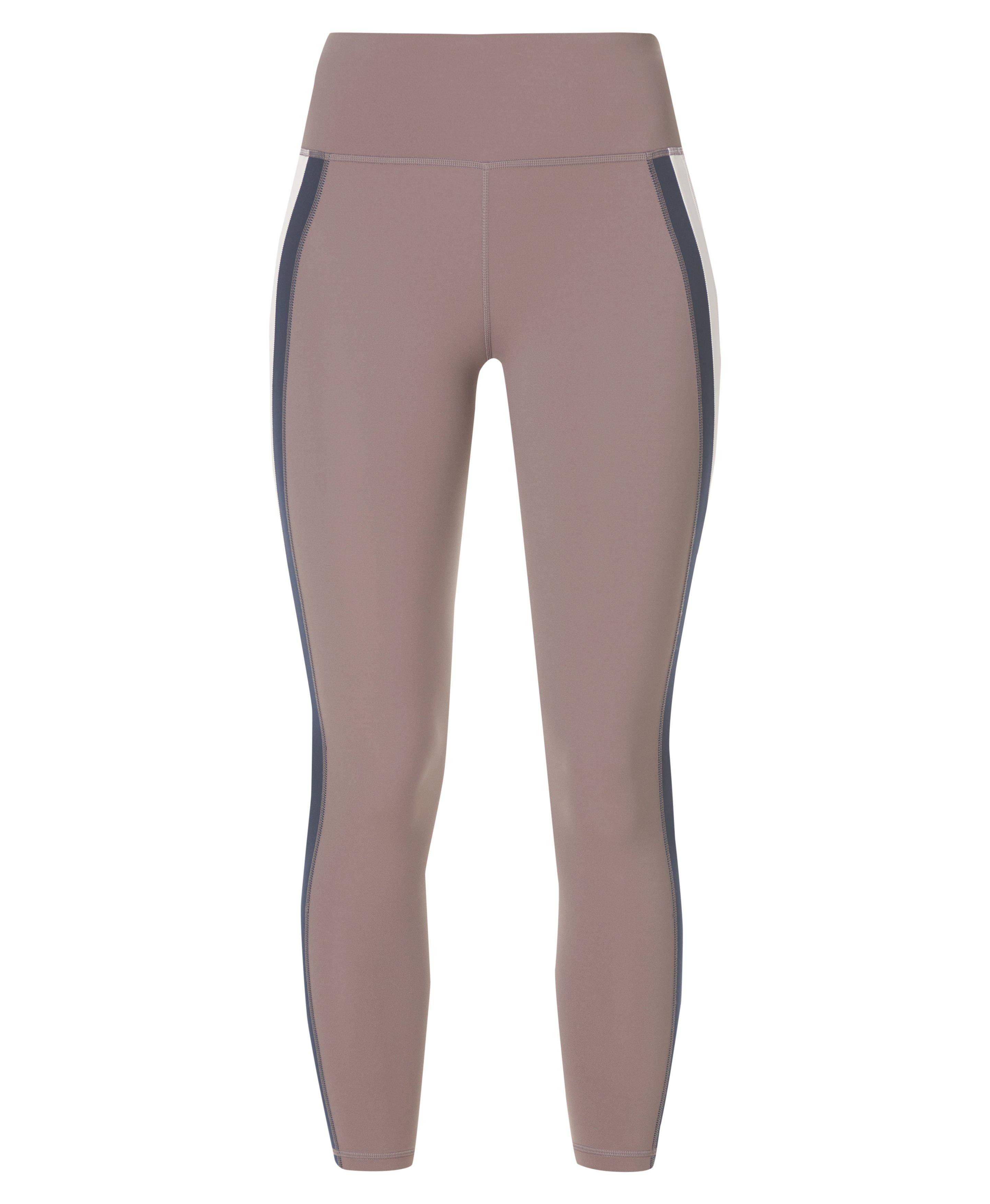 Power Trio Stripe Workout Leggings - Taupe Brown Navy Blue Lily White - Full Length