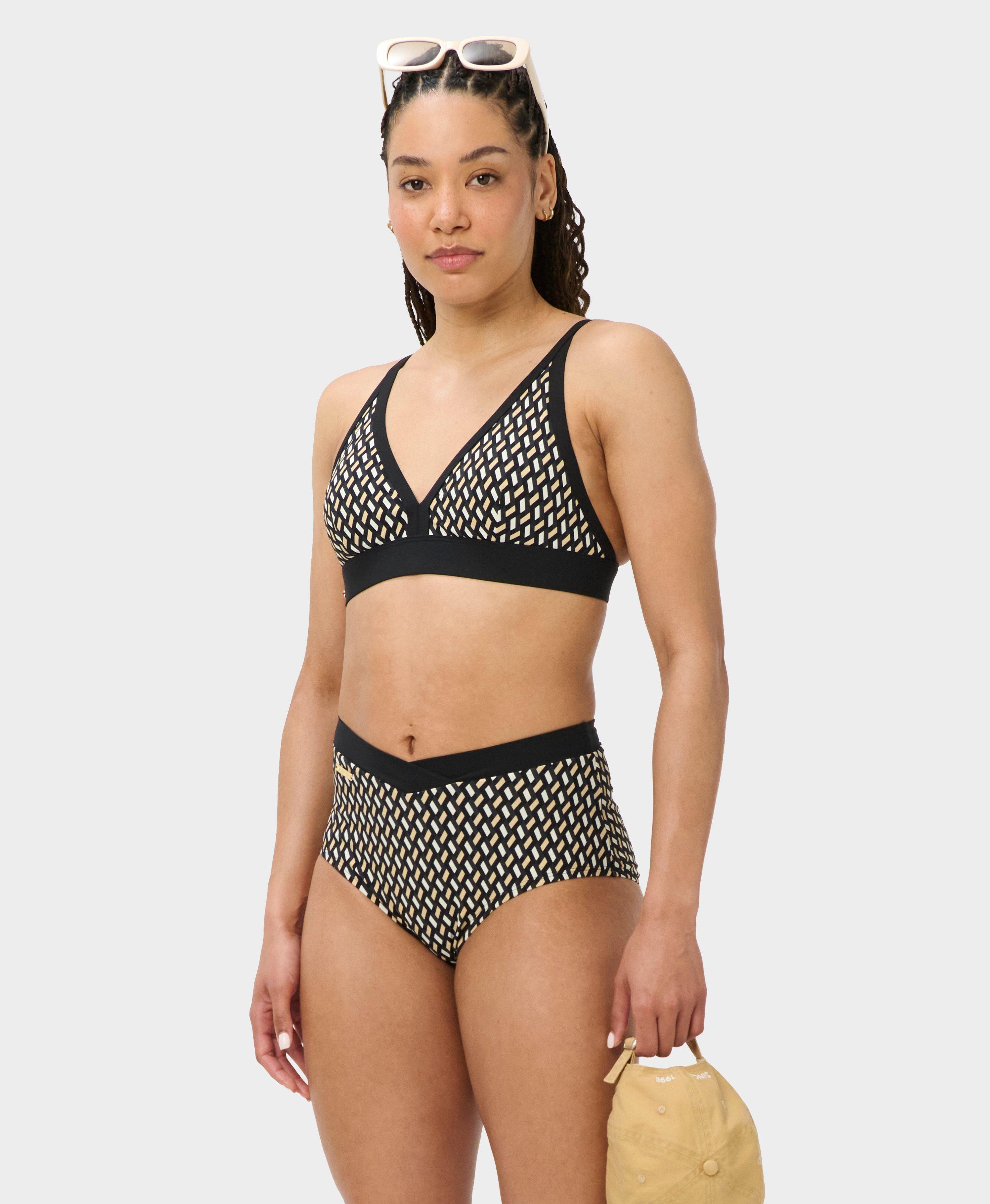 Wrap Front High Waist Bikini Bottom - Beige Linked Geo Print