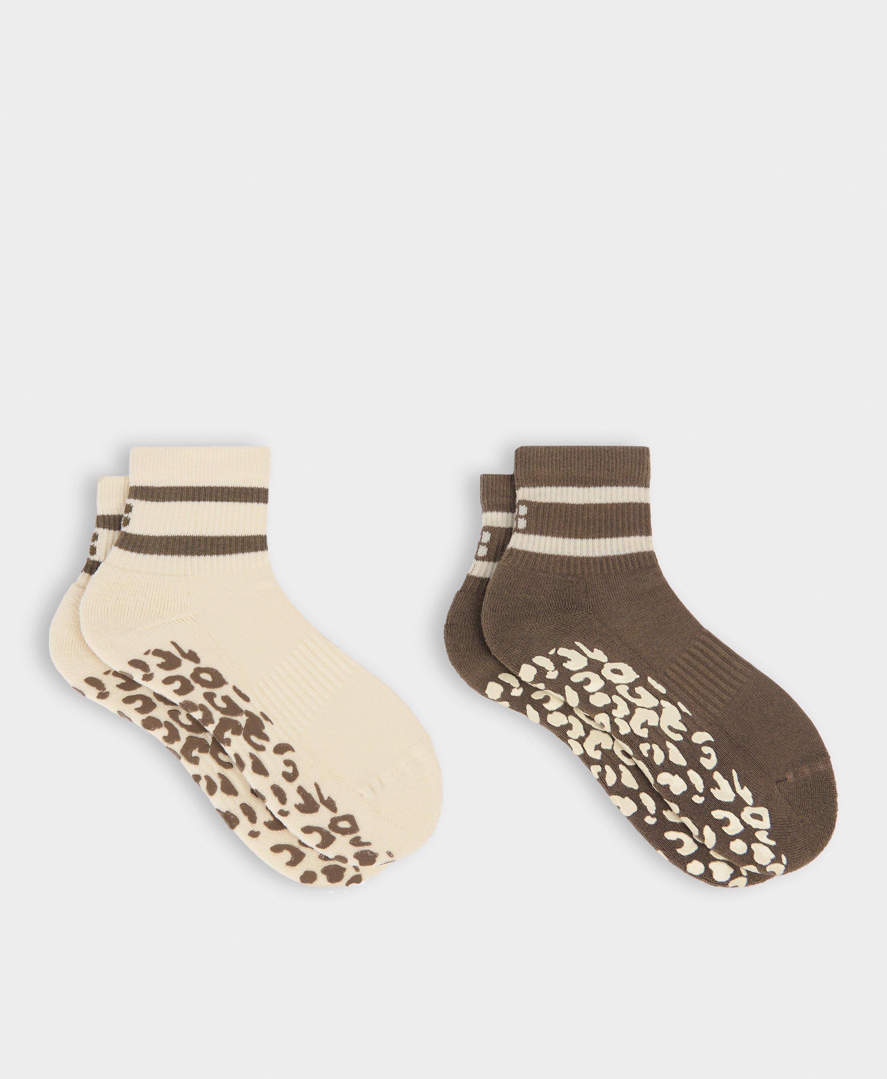 Animal Print Mini Pilates Crew Grip 2 Pack - Khaki Brown Pebble Beige