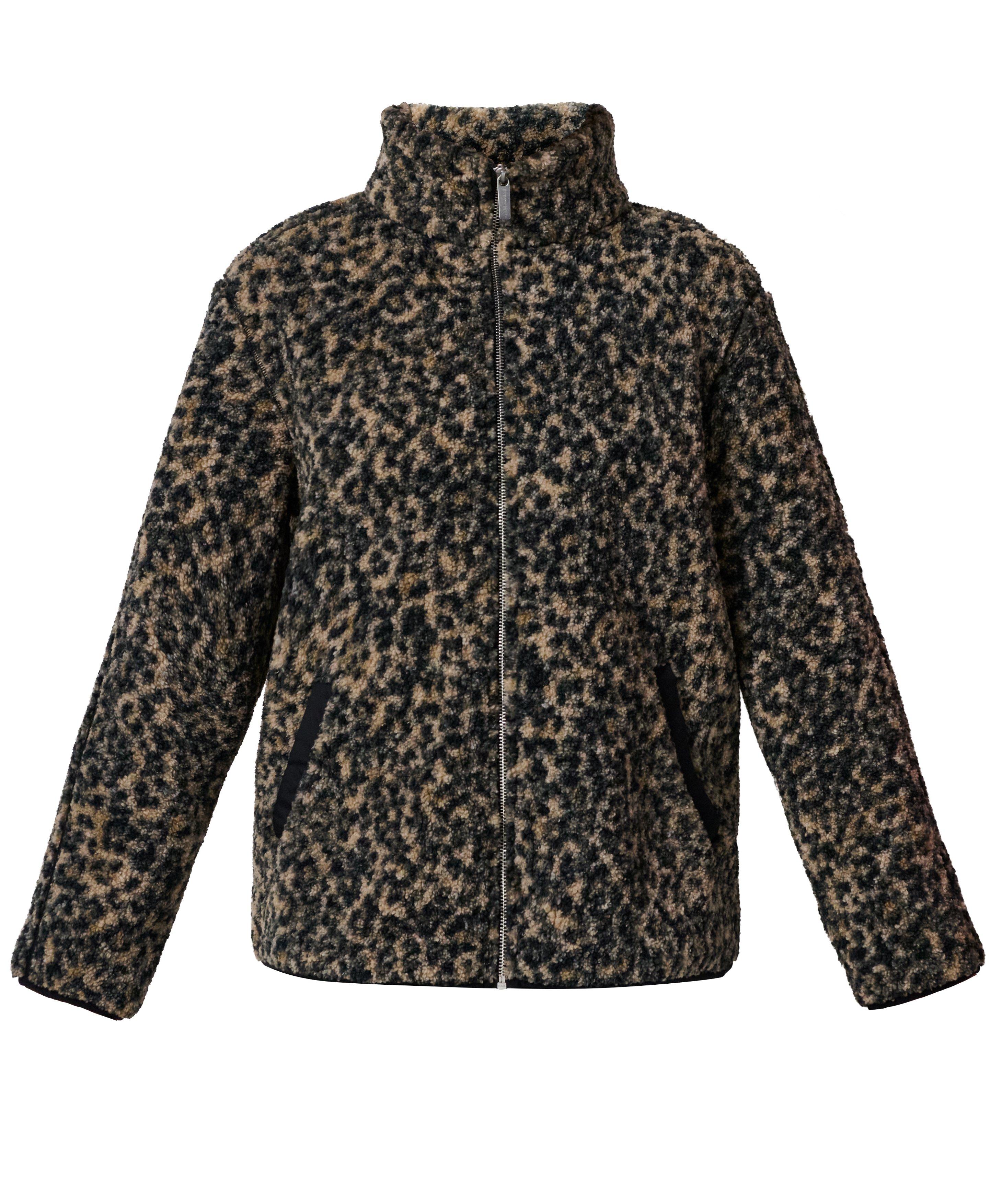Plush Fleece Contrast Zip-Up - Brown Ink Leopard Print