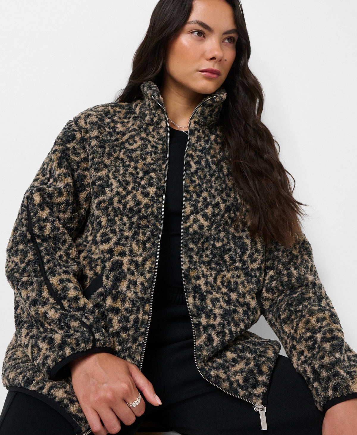 Plush Fleece Contrast Zip-Up - Brown Ink Leopard Print