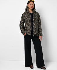 Plush Fleece Contrast Zip-Up - Brown Ink Leopard Print