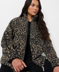 Plush Fleece Contrast Zip-Up - Brown Ink Leopard Print