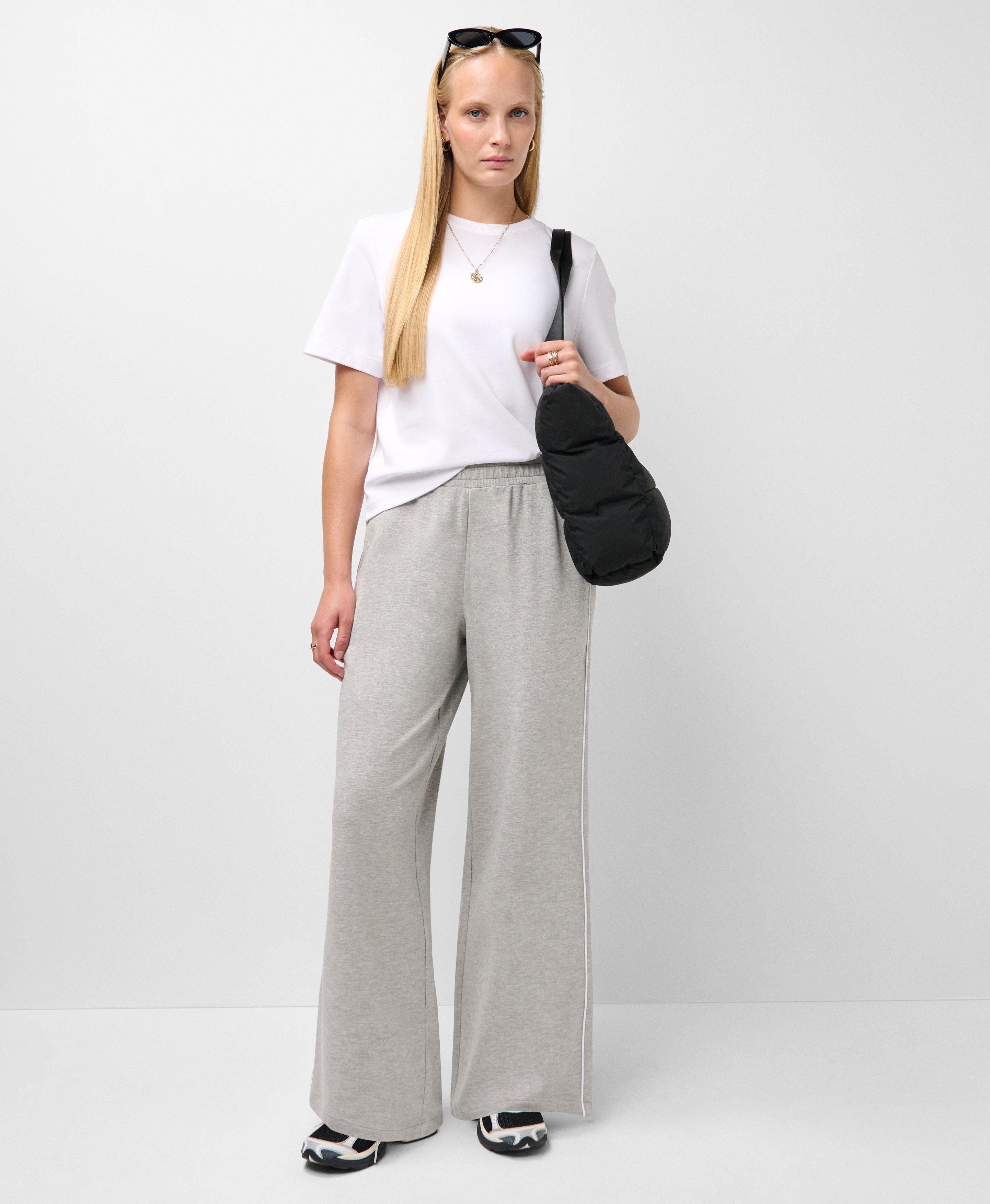 After Class Piped Wide Leg Pants - Light Grey Marl