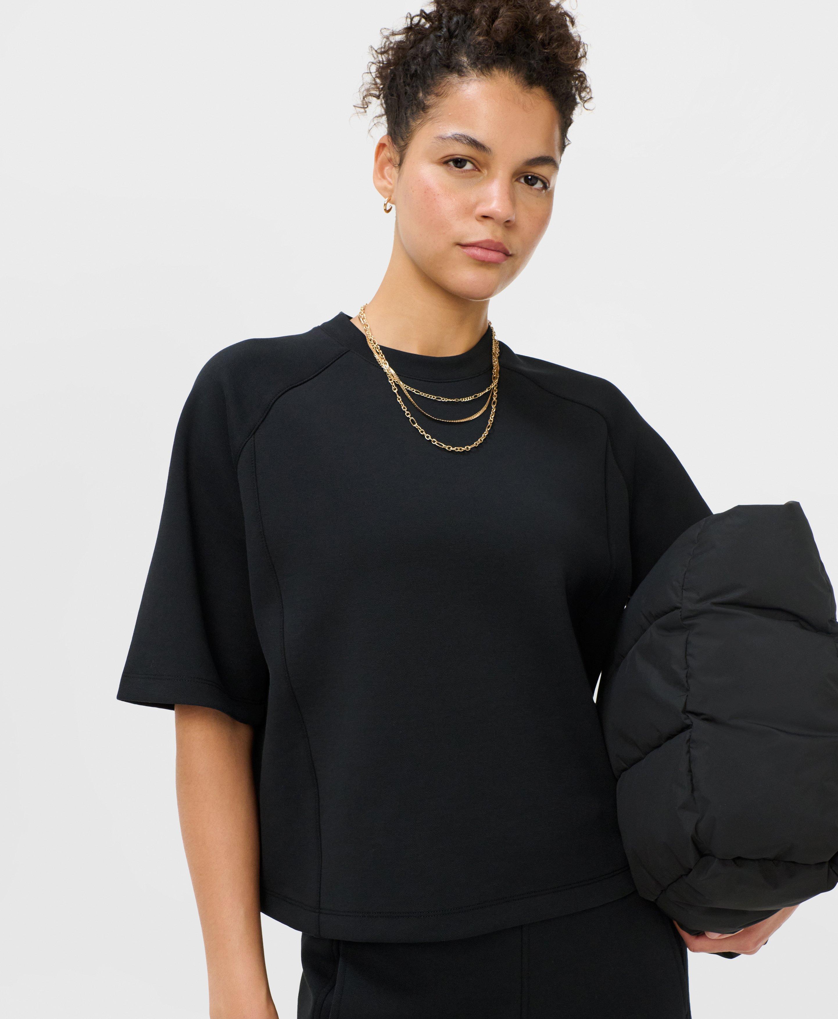 Textured Pique Crew Neck Short Sleeve Sweatshirt - Black