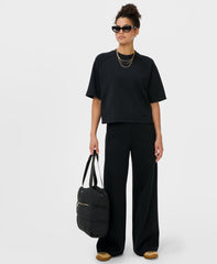 Textured Pique Crew Neck Short Sleeve Sweatshirt - Black