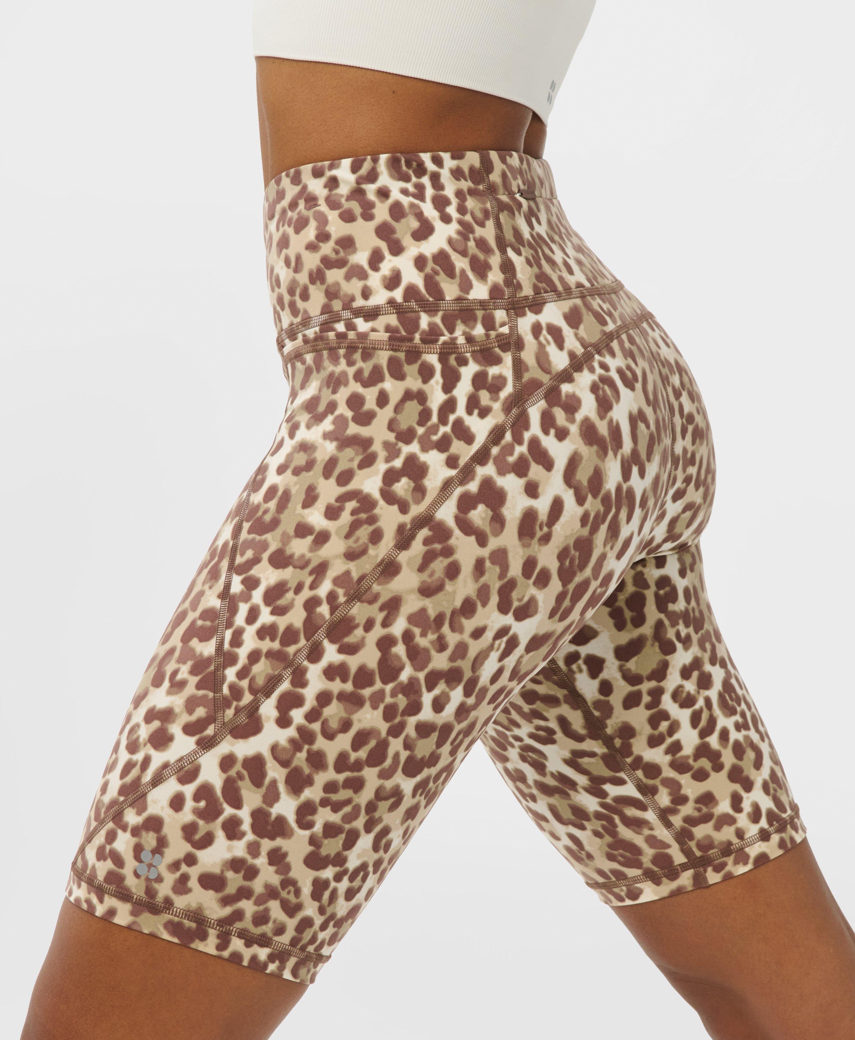 Power 9" Biker Shorts - Beige Ink Leopard Print - 9" Inseam