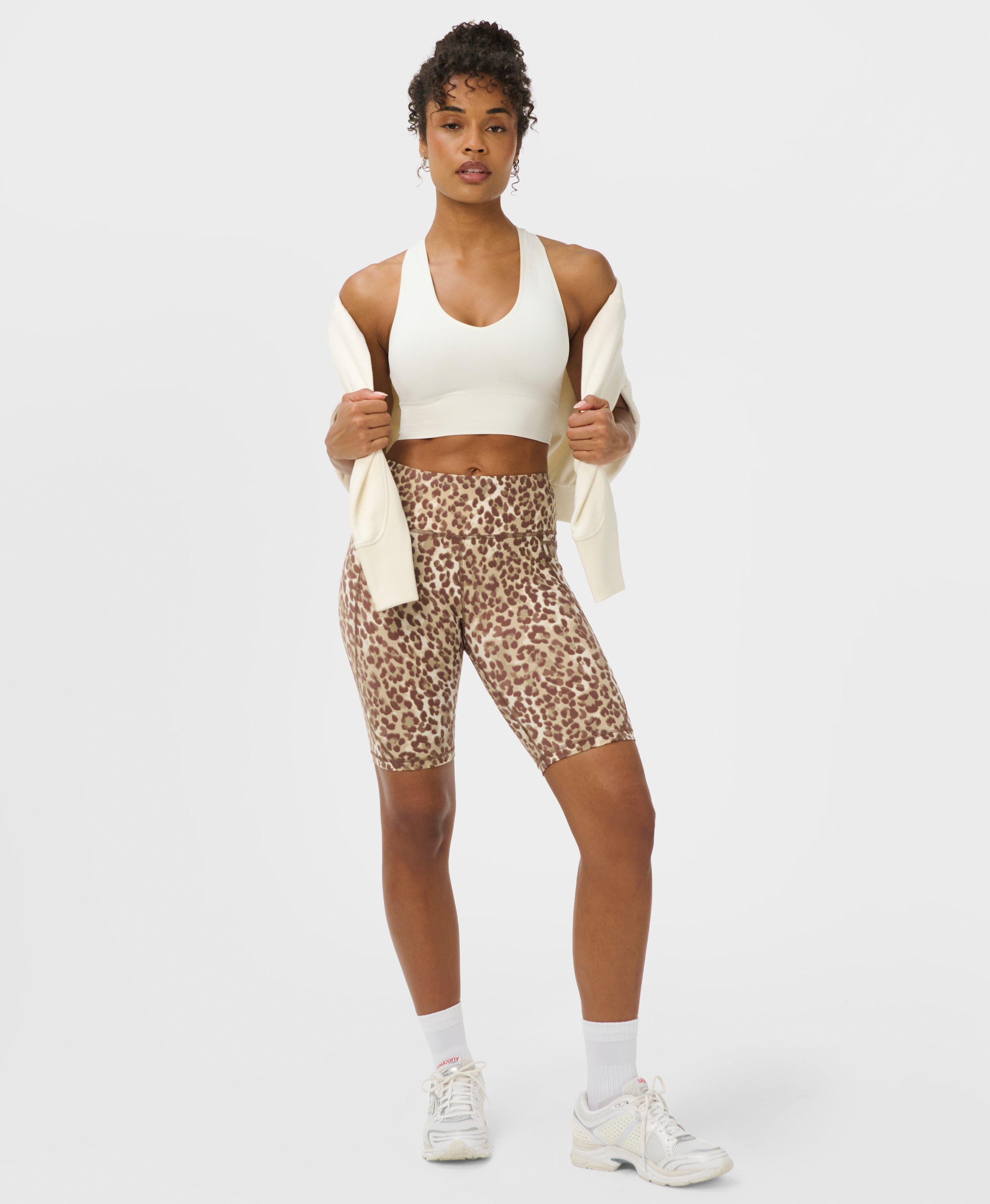 Power 9" Biker Shorts - Beige Ink Leopard Print - 9" Inseam