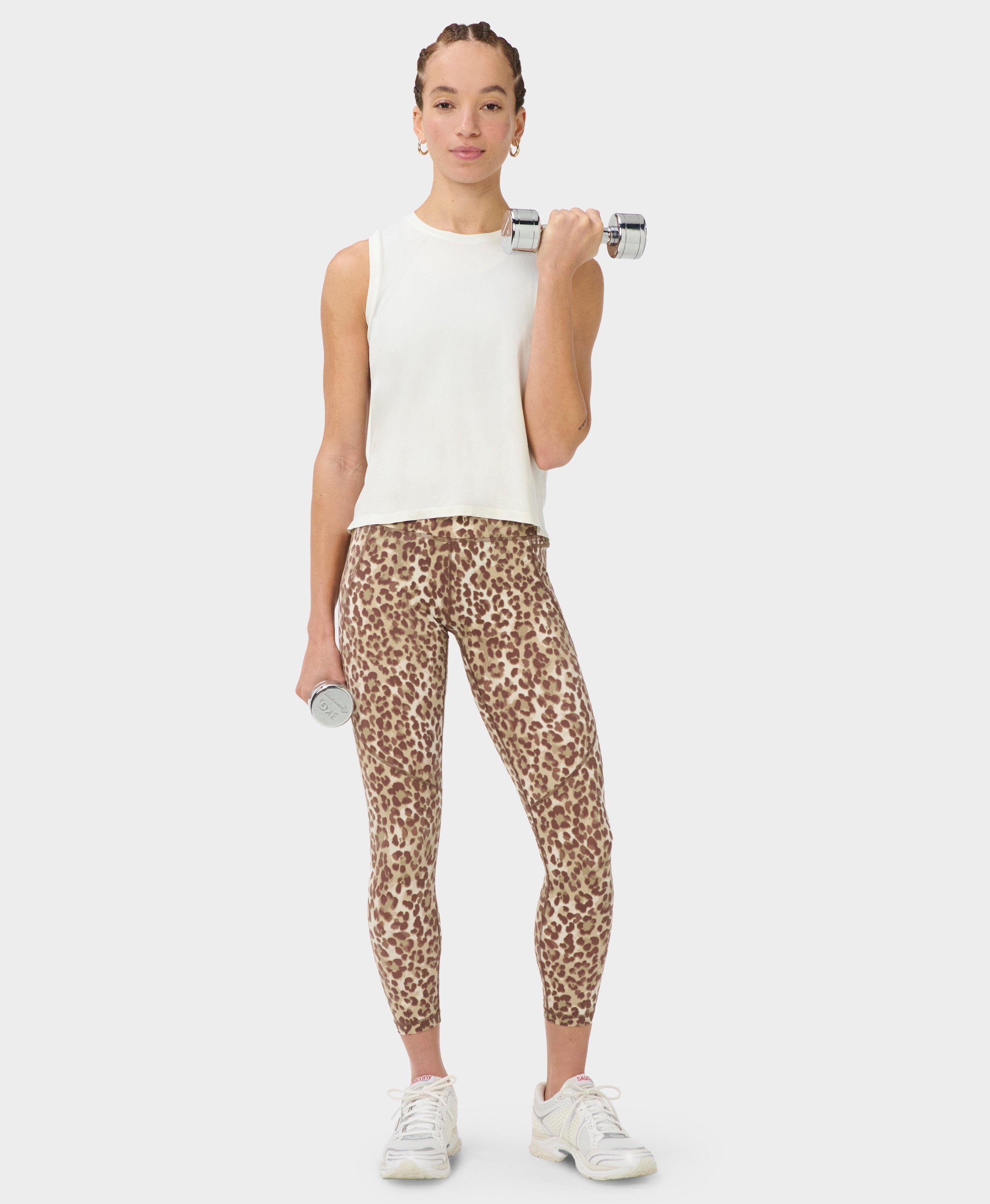 Power 7/8 Workout Leggings - Beige Ink Leopard Print - 7/8 Length