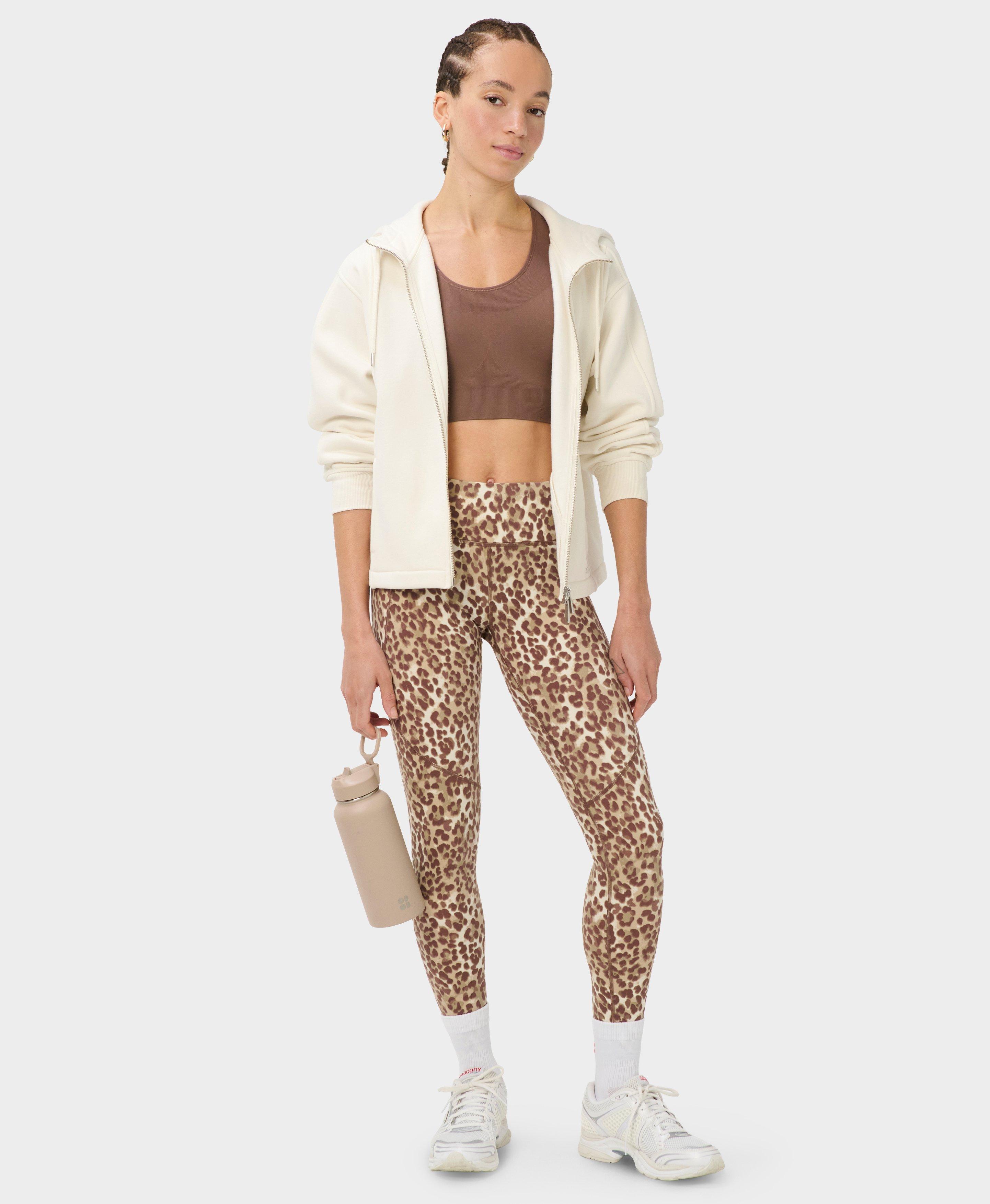 Power Workout Leggings - Beige Ink Leopard Print - Full Length